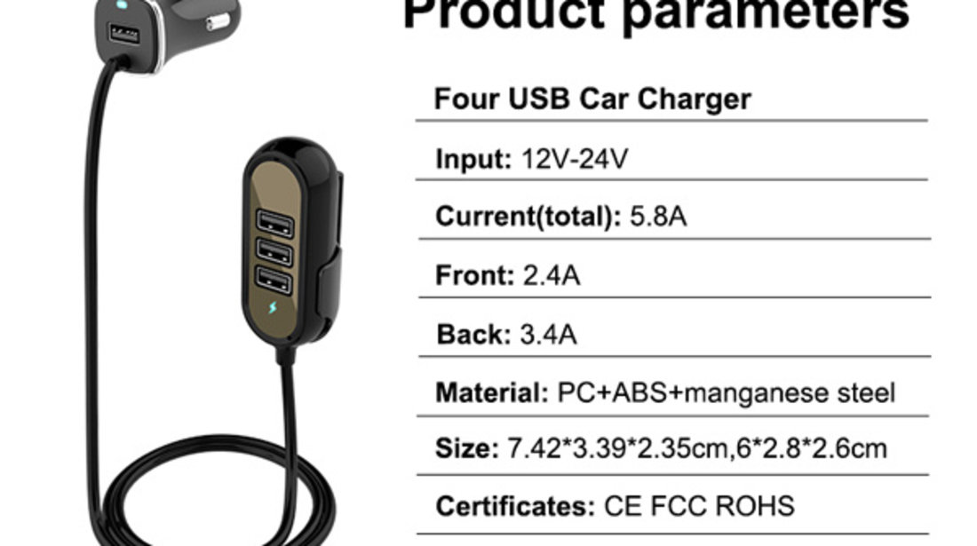 INCARCATOR AUTO 4XUSB 5.8A (2.4A FATA SI 3.4A SPATE) CU EXTENSIE 1.4M ⭐⭐⭐⭐⭐