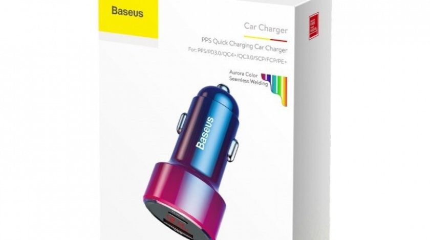 Incarcator Auto Baseus Magic 2 Porturi USB + USB-C QC 4.0 PD 45W Rosu-Albastru 29320