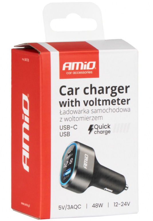 Incarcator Auto Rapid Cu Voltmetru 48W PD30W QC3.0 USB-A USB-C Amio 04178