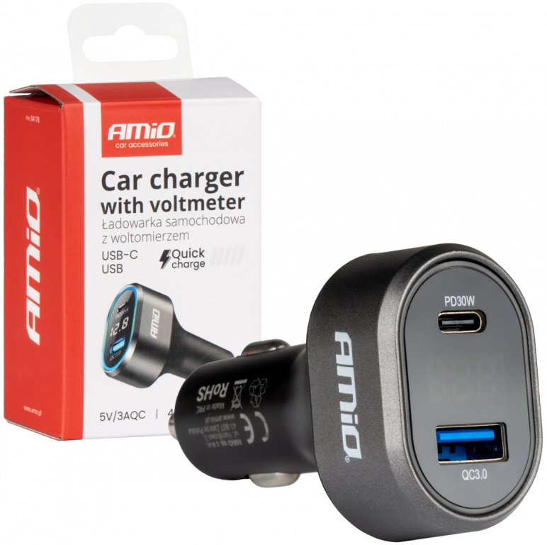 Incarcator Auto Rapid Cu Voltmetru 48W PD30W QC3.0 USB-A USB-C Amio 04178