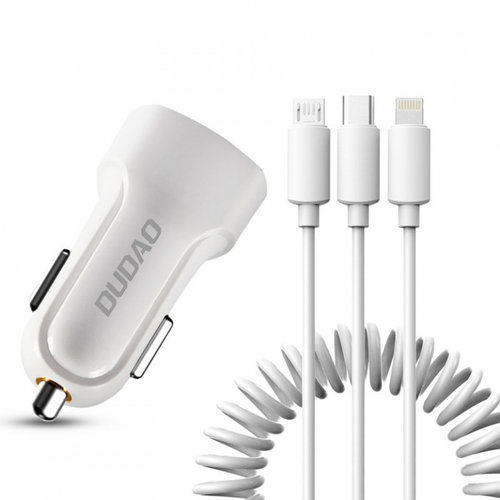 Incarcator Kit Auto Dudao 2x USB 2.4A + Cablu USB 3in1 Lightning / Tip C / Cablu Micro USB Alb (R7 A...