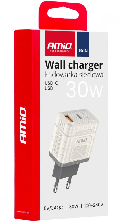 Incarcator Perete GaN 30W USB-A + USB-C AC Amio 04286