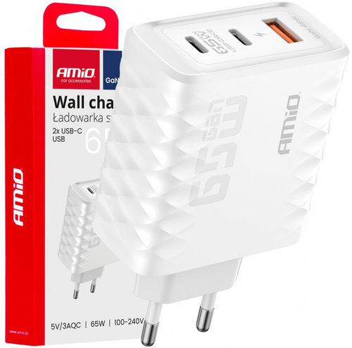 Incarcator Perete GaN 65W USB-A + 2 x USB-C AC Amio 04289