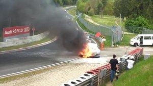 Incident nefericit la Nurburgring: Un Nissan GT-R V-Spec sfarseste in flacari
