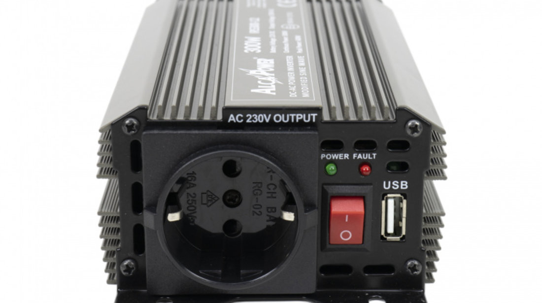 Invertor de tensiune AlcaPower by President 300W alimentare 12V, iesire 230V, unda sinus modificata, mufa USB 5V 500mAh, cu clesti alimentare si mufa de bricheta inclus PNI-ACAL204