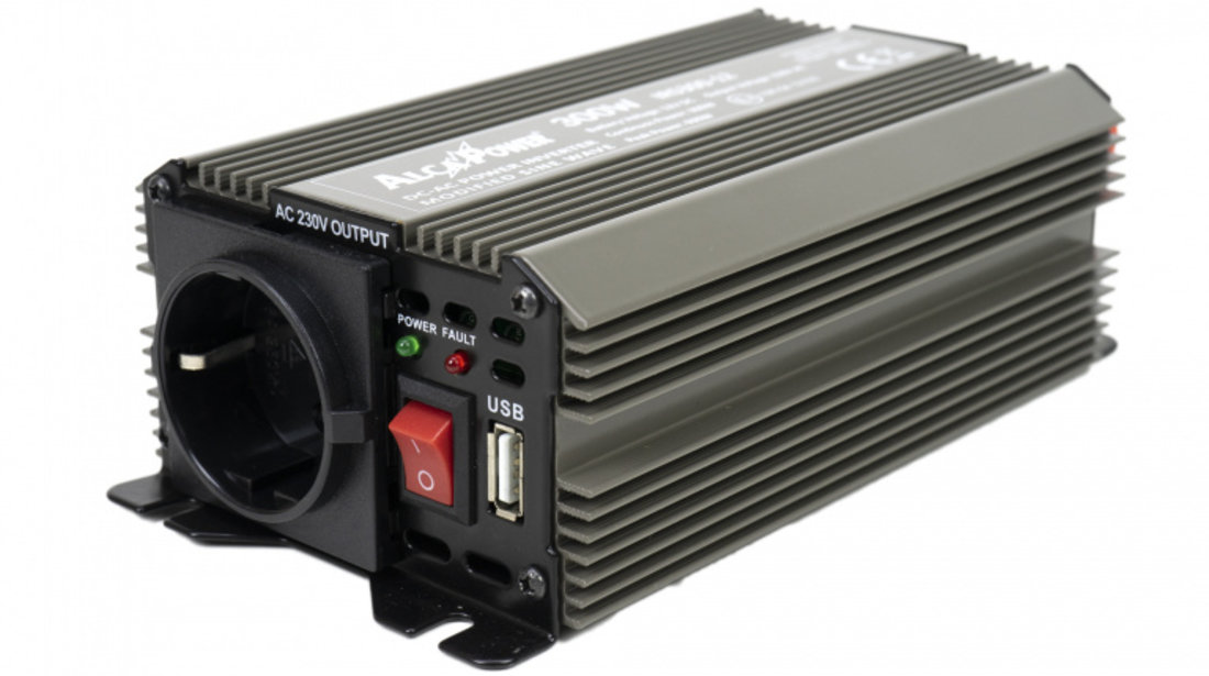 Invertor de tensiune AlcaPower by President 300W alimentare 12V, iesire 230V, unda sinus modificata, mufa USB 5V 500mAh, cu clesti alimentare si mufa de bricheta inclus PNI-ACAL204