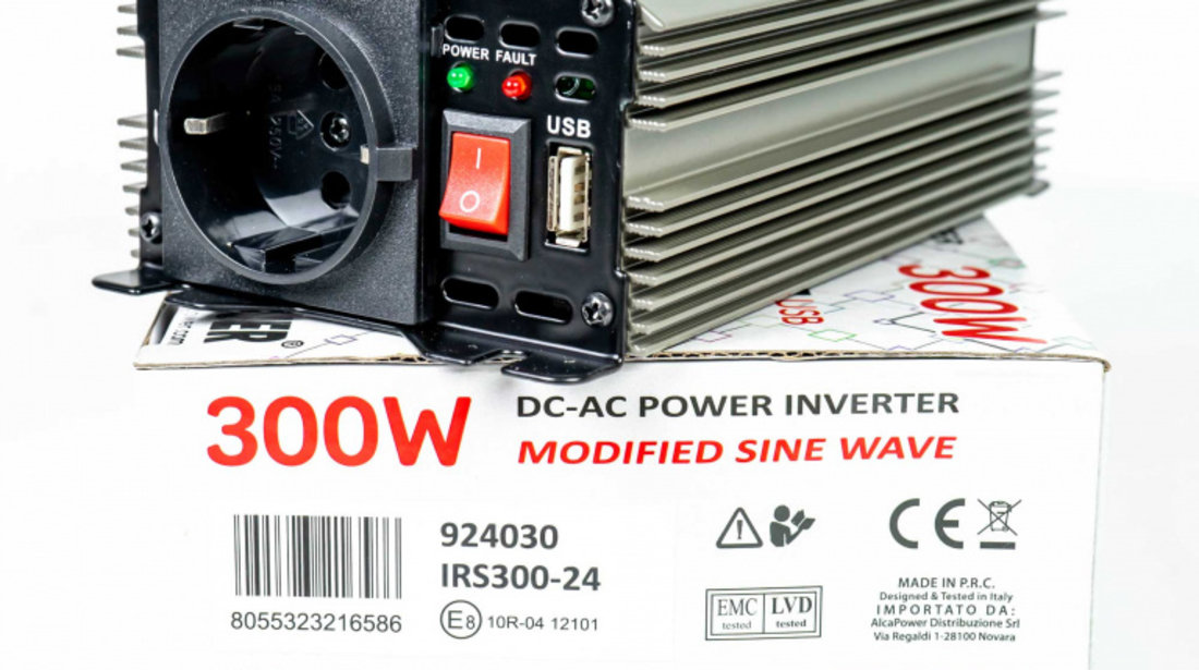 Invertor de tensiune AlcaPower by President 300W alimentare 24V, iesire 230V, unda sinus modificata, mufa USB 5V 500mAh, cu clesti alimentare si mufa de bricheta inclusa PNI-ACAL404