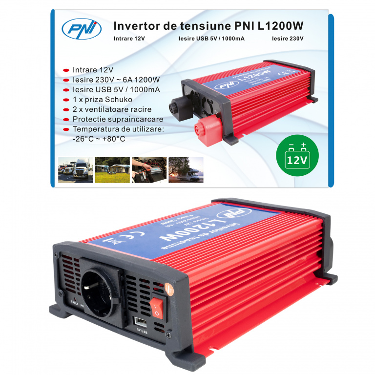 Invertor de tensiune PNI L1200W alimentare 12V iesire 230V PNI-H1200W12