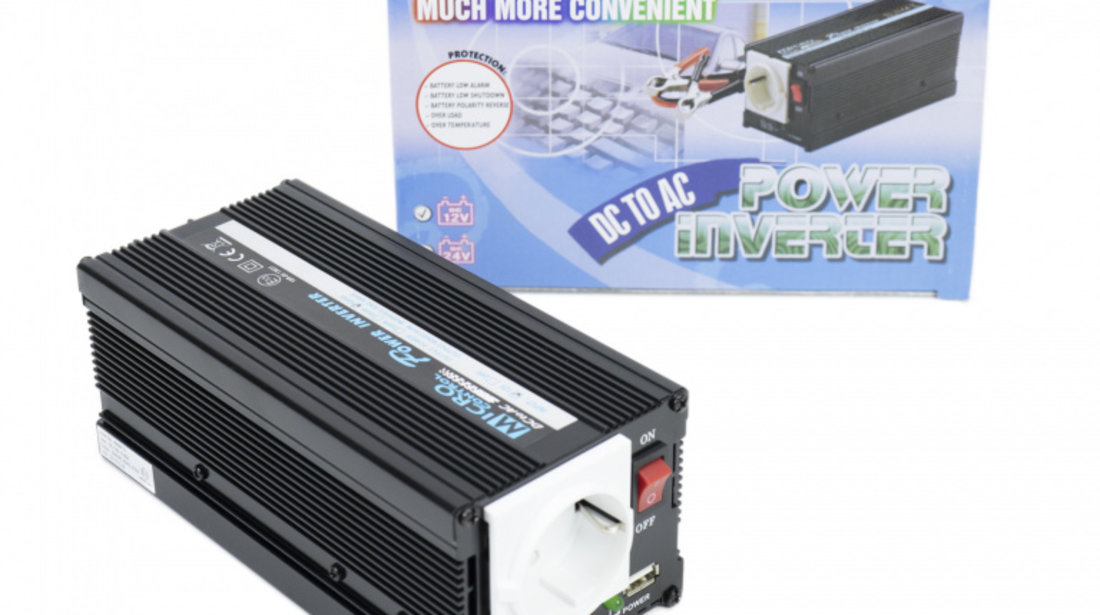 Invertor de tensiune President 400W alimentare 12V, iesire 230V, unda sinus modificata, mufa USB 5V 500mAh, cu clesti alimentare si mufa de bricheta inclus PNI-ACMA416