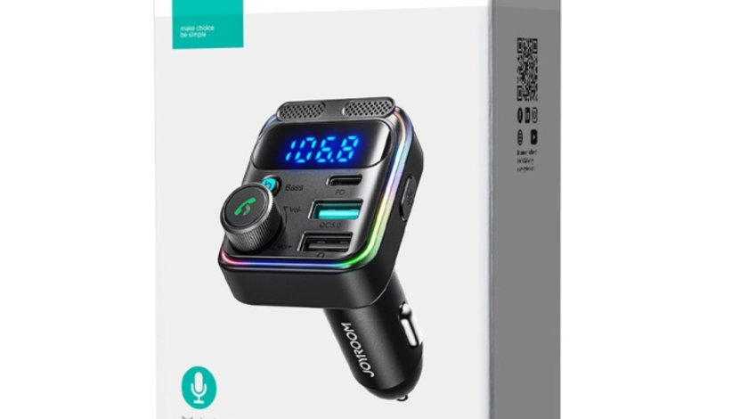 Joyroom Modulator FM Bluetooth 48W 2 x USB-A USB-C Cu Microfon Dublu Negru JR-CCB01