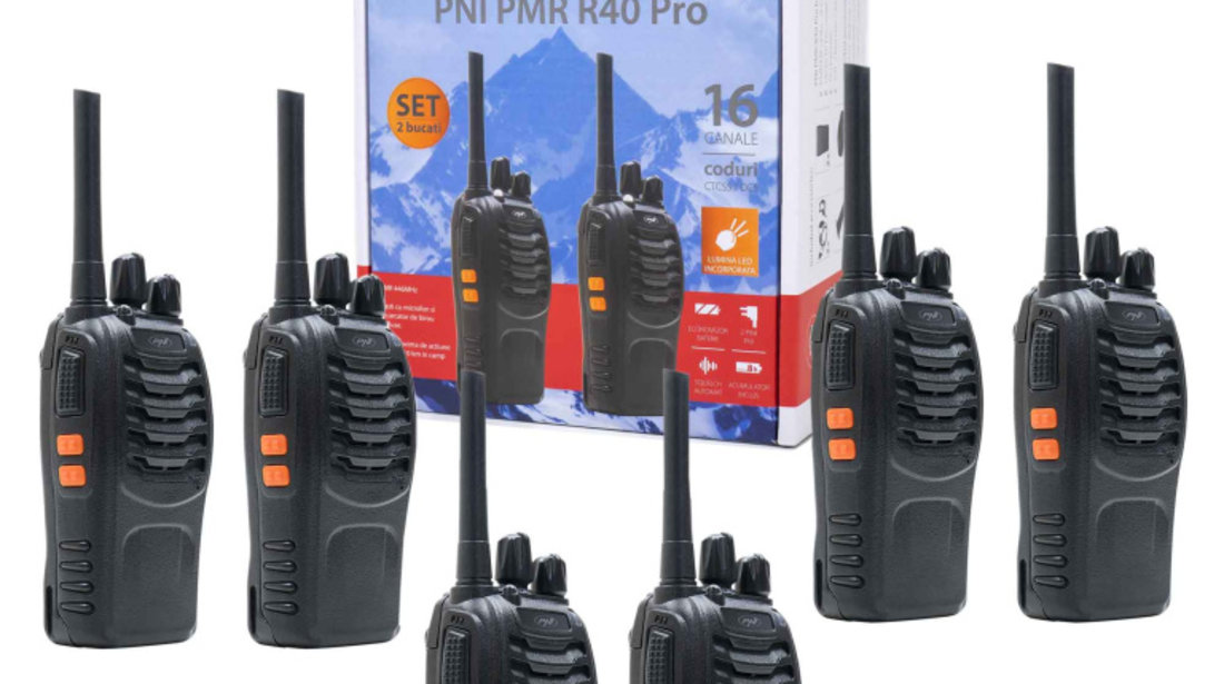 Kit 6 statii radio portabile PNI PMR R40 PRO acumulatori, incarcatoare si casti incluse PNI-R40-6