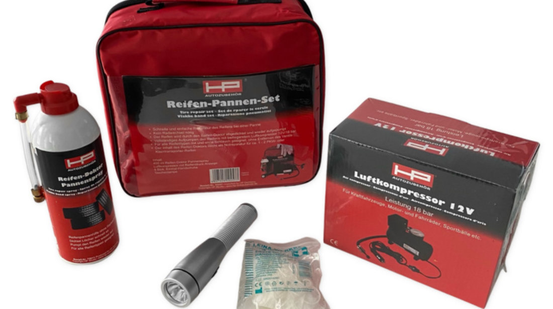 Kit Compresor Auto + Spray Reparat Anvelope + Lanterna + Manusi HP Autozubehor 10257