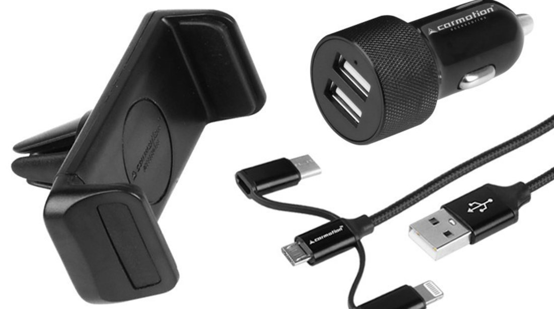 Kit De Călătorie: 2x încărcător Usb 3.1a + Cablu 3 în 1: Micro Usb / Lightning / Usb-c + Suport Pentru Cleme Aer Went Carmotion 58619