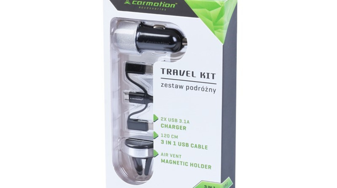 Kit De Călătorie: 2x încărcător Usb 3.1a + Cablu 3in1: Micro Usb / Lightning / Usb-c + Suport Magnetic Pentru Aerul Mers Carmotion 58620