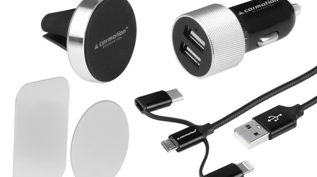 Kit De Călătorie: 2x încărcător Usb 3.1a + Cablu 3in1: Micro Usb / Lightning / Usb-c + Suport Magnetic Pentru Aerul Mers Carmotion 58620