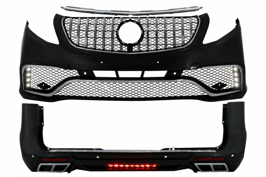Kit Pachet Exterior Compatibil Cu Mercedes-Benz V-Class W447 2014→ Cu Grile Centrala Si Protectie Bara Spate CBMBW447AMGSK