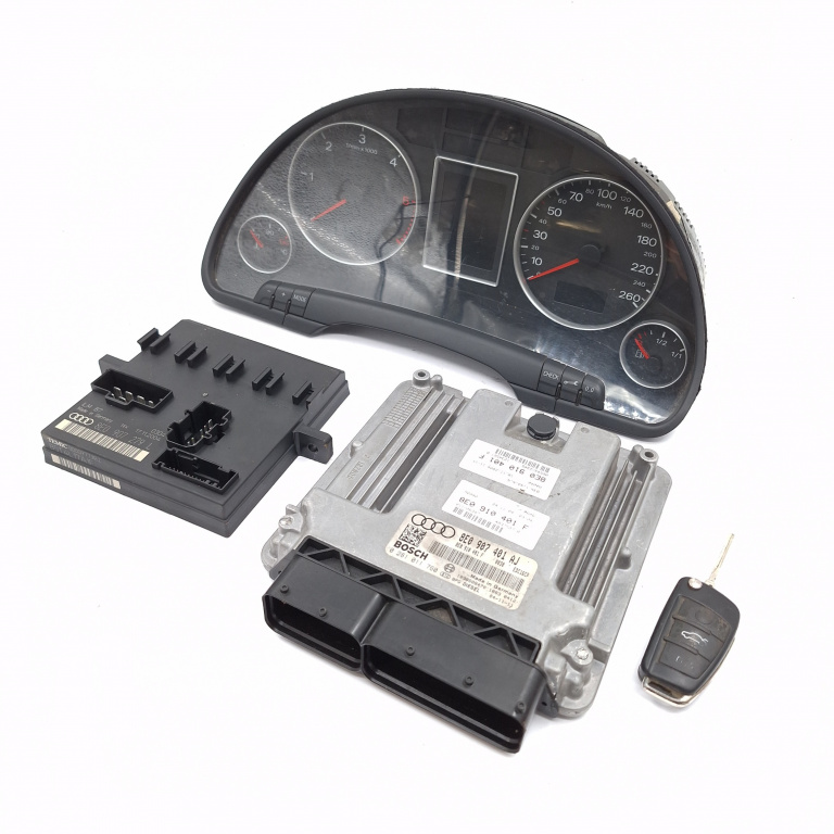 Kit Pornire Audi A4 B7 (8E) 2004-2008 3.0 Tdi Quattro Bkn Motorina Calculator Confort Calculator Motor Ceas Bord Cheie 8E0907401Aj, 8E0910401F, 8E0907279L, 0281011760, 1039S08470, 1036901830, 48375078, 18830412 Bosch