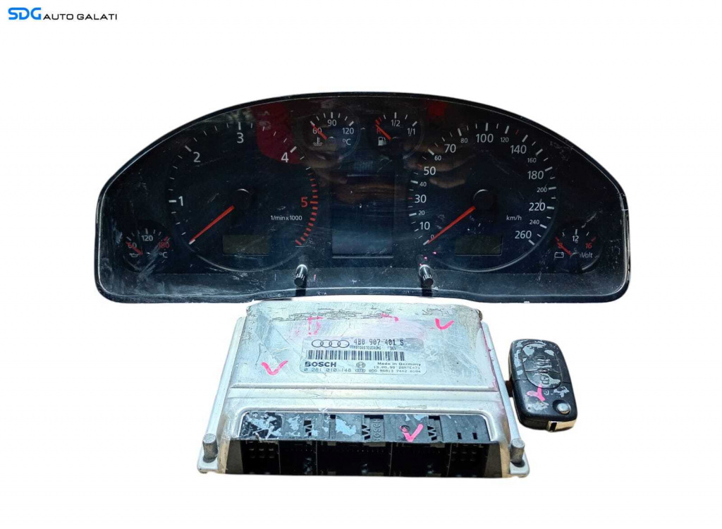 Kit Pornire ECU Calculator Ceas Ceasuri Bord Motor Cip Cheie Imobilizator Audi A6 C5 2.5 TDI 1998 - 2004 Cod 4B0907401S 0281010148 4B0920930KX [LC1373]