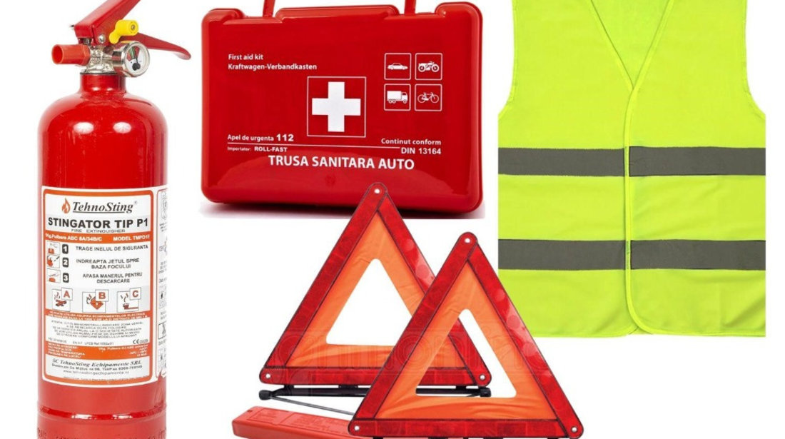 Kit siguranta auto omologat RAR valabil 4,5 ani Stingator P1 1000ml Trusa Medicala vesta triunghi