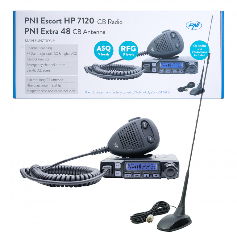 Kit statie radio CB PNI Escort HP 7120 ASQ, RF Gain, 4W, 12V si antena CB PNI Extra 48 cu magnet inclus, 45cm, SWR 1.0 AM/FM comutati doar in banda EU PNI-7120EX48