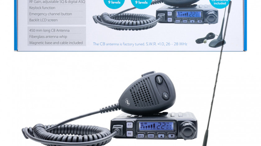 Kit statie radio CB PNI Escort HP 7120 ASQ, RF Gain, 4W, 12V si antena CB PNI Extra 48 cu magnet inclus, 45cm, SWR 1.0 AM/FM comutati doar in banda EU PNI-7120EX48