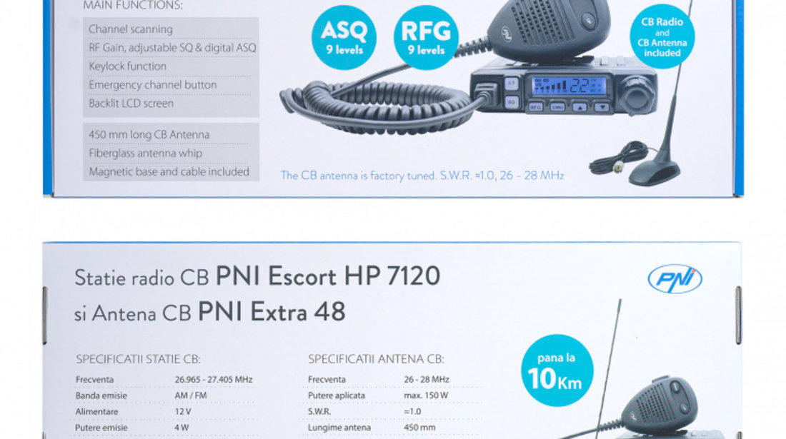 Kit statie radio CB PNI Escort HP 7120 ASQ, RF Gain, 4W, 12V si antena CB PNI Extra 48 cu magnet inclus, 45cm, SWR 1.0 AM/FM comutati doar in banda EU PNI-7120EX48