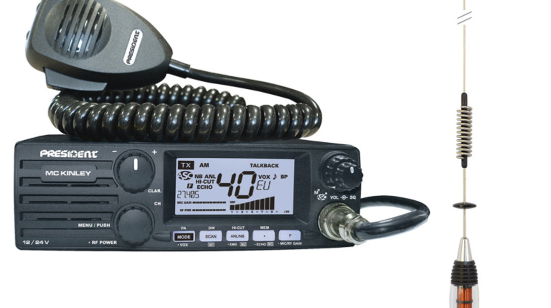 Kit Statie radio CB President MC KINLEY ASC AM FM LSB + Antena CB PNI ML70, lungime 70cm, 26-30MHz, 200W PNI-PRE-K49