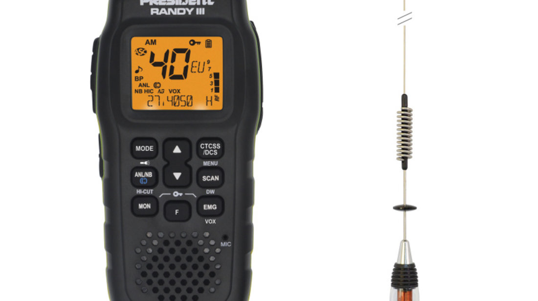 Kit Statie radio CB President RANDY III AM/FM + Antena CB PNI ML70, lungime 70cm, 26-30MHz, 200W PNI-PRE-K51