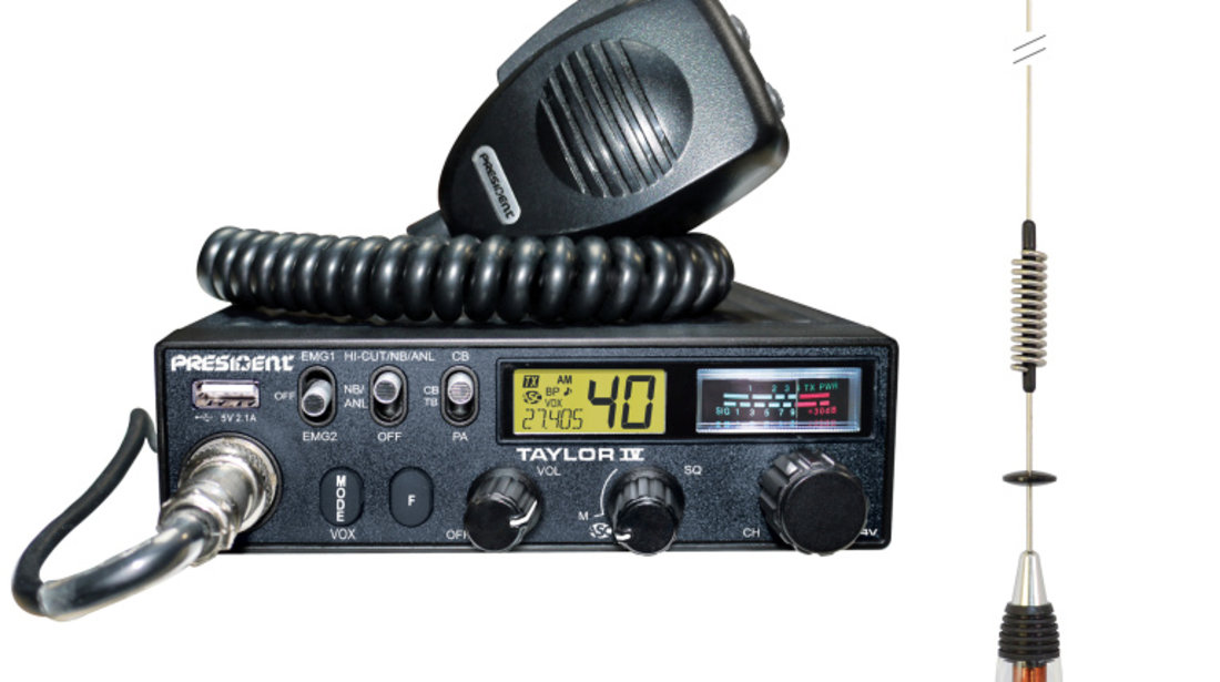 Kit Statie radio CB President TAYLOR IV ASC + Antena CB PNI ML70, lungime 70cm, 26-30MHz, 200W PNI-PRE-K53