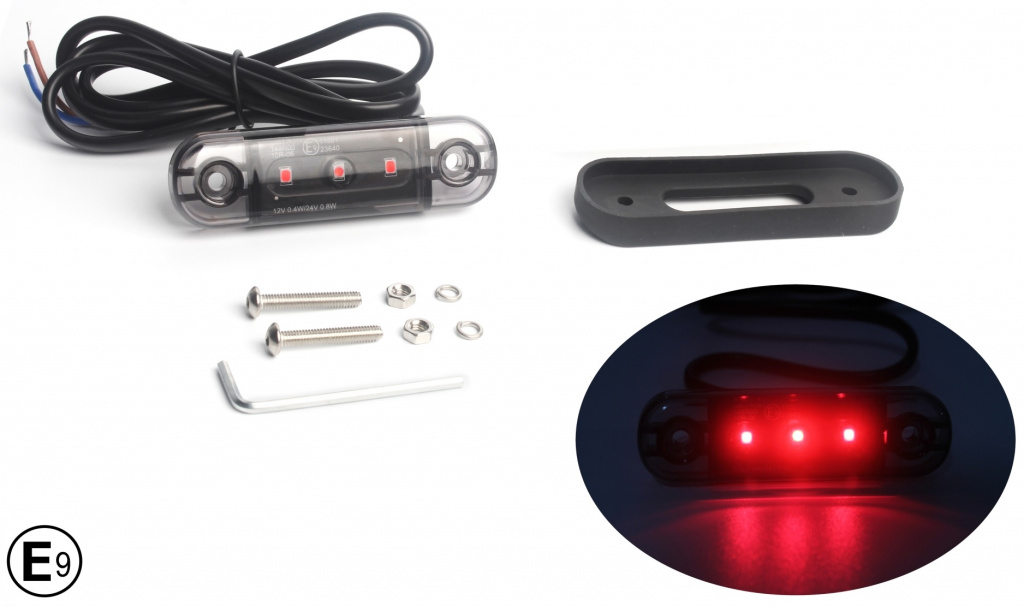 Lampa Gabarit Laterala Led Roșu Fumuriu Rezistent La Apă IP67, 12V / 24V Cablu 30cm E9 10R-06, ECE R10, ECE R148 MAR342