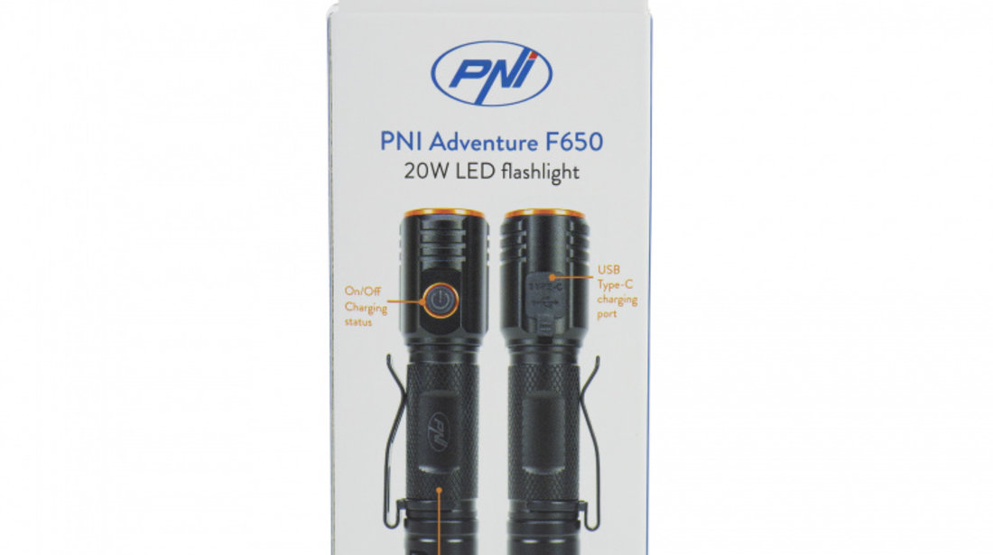 Lanterna PNI Adventure F650 cu LED 20W, 2000lm, din aluminiu, IPX6, acumulator inclus, incarcare prin USB tip C PNI-F650