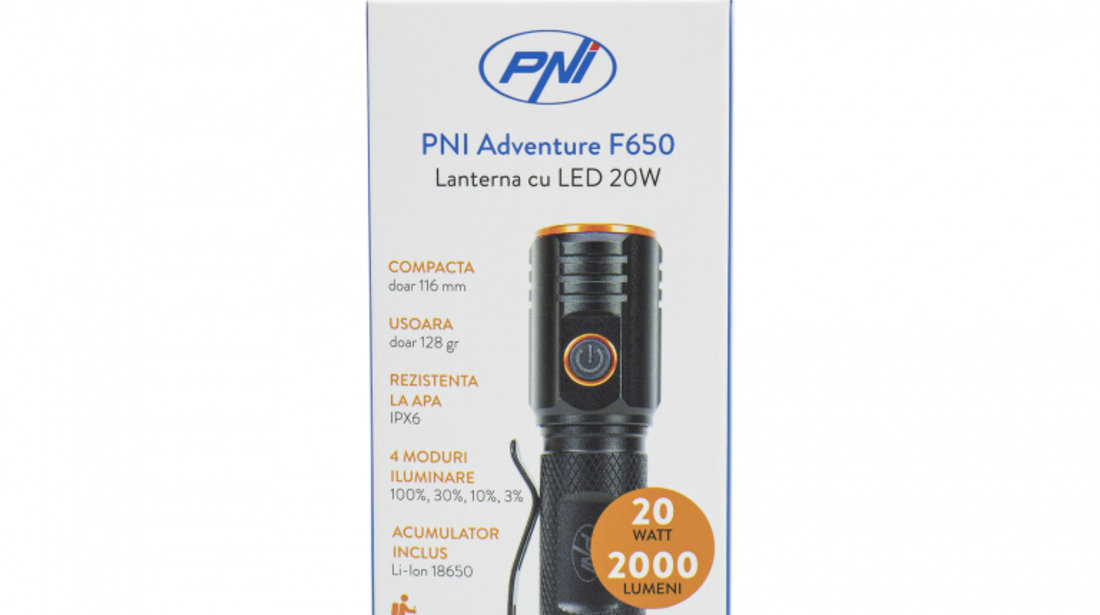 Lanterna PNI Adventure F650 cu LED 20W, 2000lm, din aluminiu, IPX6, acumulator inclus, incarcare prin USB tip C PNI-F650