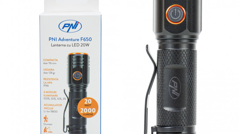 LANTERNA PNI ADVENTURE F650, LED 20W, 2000 LM, IPX6, ACUMULATOR 2200 mAh