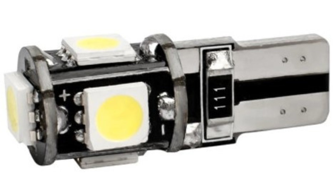 Led T10, 5 SMD, W5W, Canbus, 12V, Pentru Pozitie, Plafoniere, Portbagaj, Lumina Alb 6000k KRU112