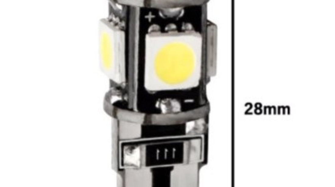 Led T10, 5 SMD, W5W, Canbus, 12V, Pentru Pozitie, Plafoniere, Portbagaj, Lumina Alb 6000k KRU112