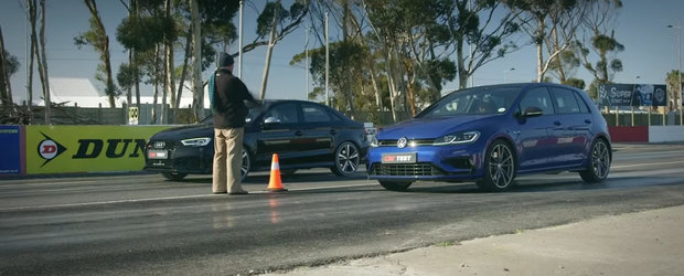 Liniuta care-i infurie pe fanii Volkswagen. Golf-ul R aliniat la start alaturi de Audi RS3 Sedan