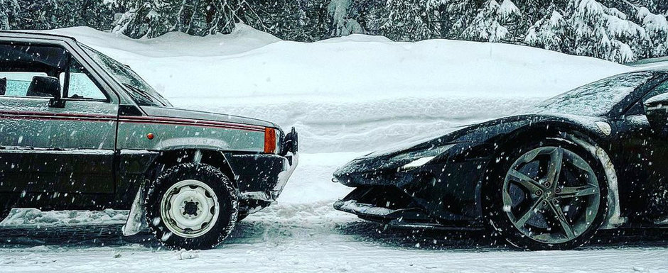 Liniuta de sezon. Fiat Panda 4x4 versus un Ferrari cu 1000 de cai putere pe zapada