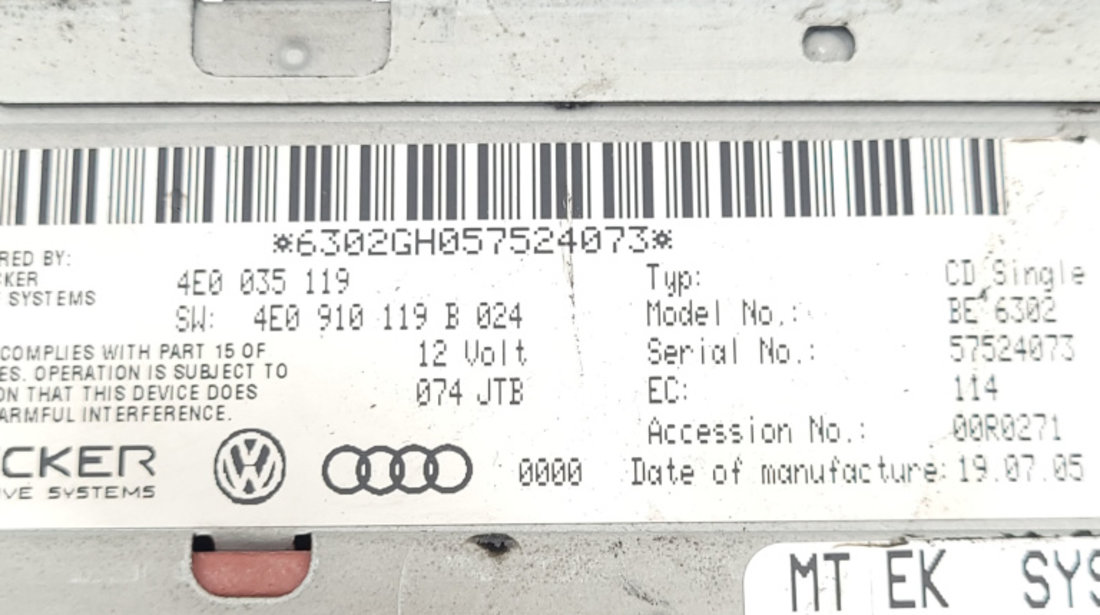 Media Player / Unitate CD / Casetofon CD Player Audi A8 (4E) 2002 - 2010 4E0035119, 4E0910119, 4E0910119B024