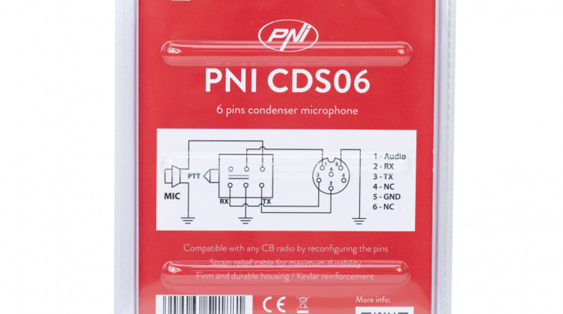 Microfon PNI CDS06 tip condenser cu 6 pini pentru statie radio CB, compatibil cu statii CB President, Midland, Albrecht PNI-CDS06