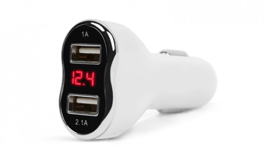 MNC - Adaptor de încărcare cu conectare la bricheta auto - 2 x USB, cu voltmetru şi ampermetru - alb 55054WH