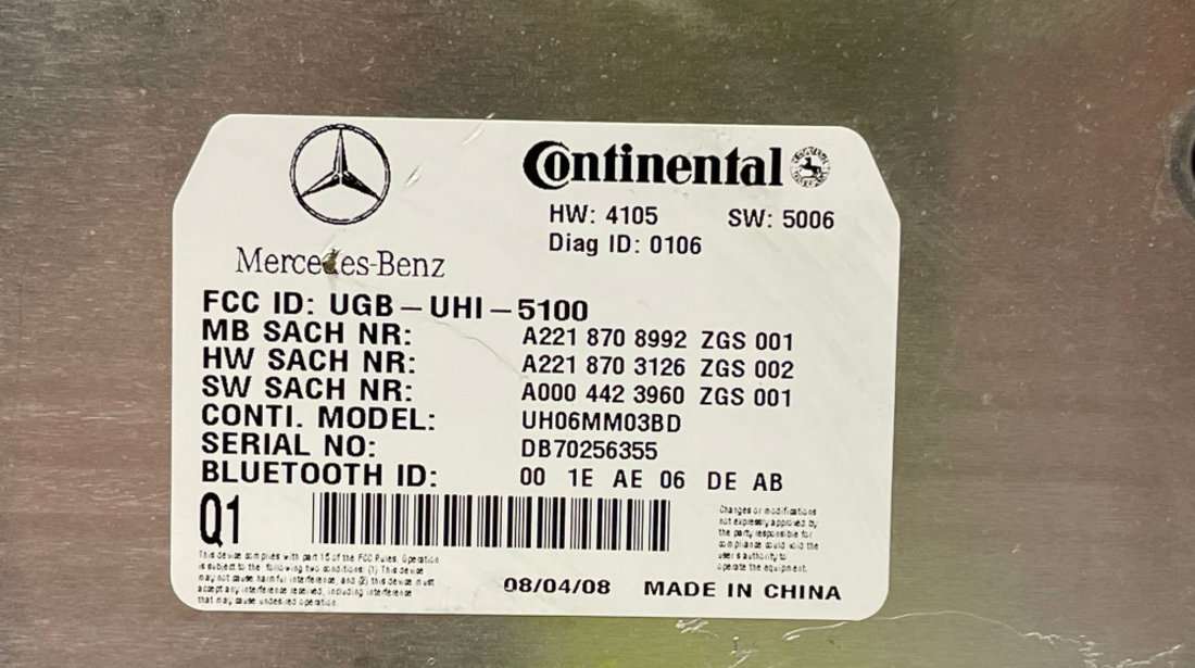 Modul Calculator Bluetooth Mercedes Clasa S Class W221 S320 2005 - 2013 Cod A2218708992 A2218703126 A0004423960 [2167]