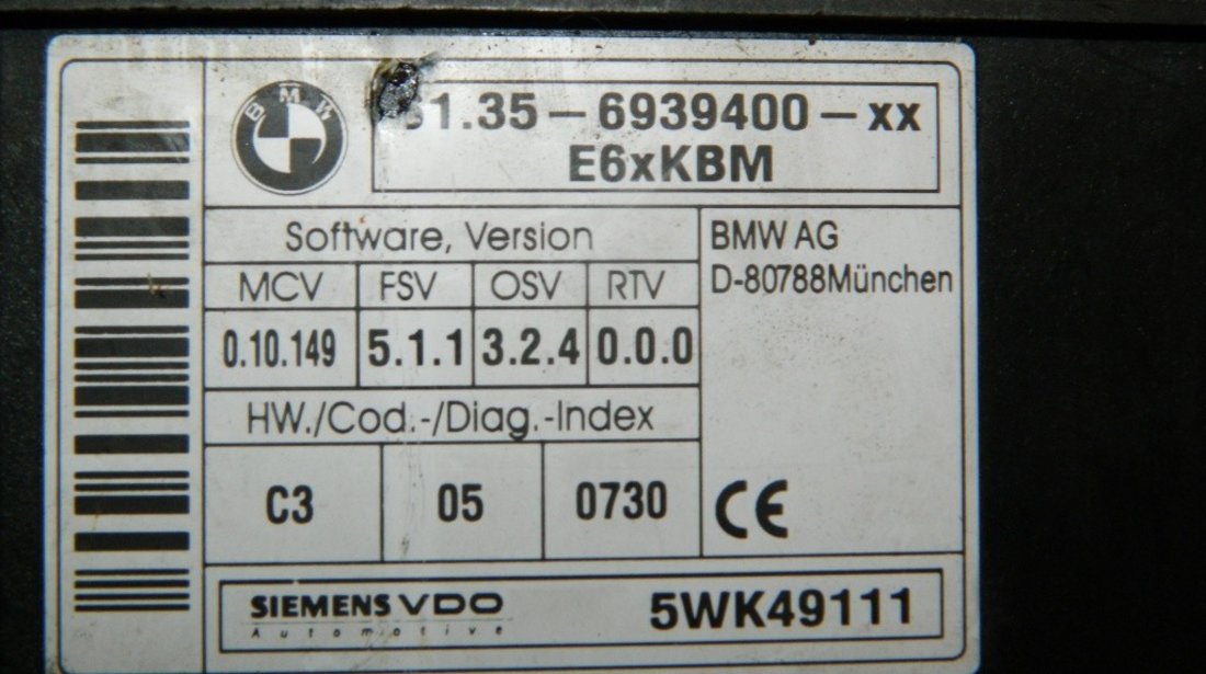Modul Gateway BMW Seria 5 E60 cod: 61356939400 model 2008