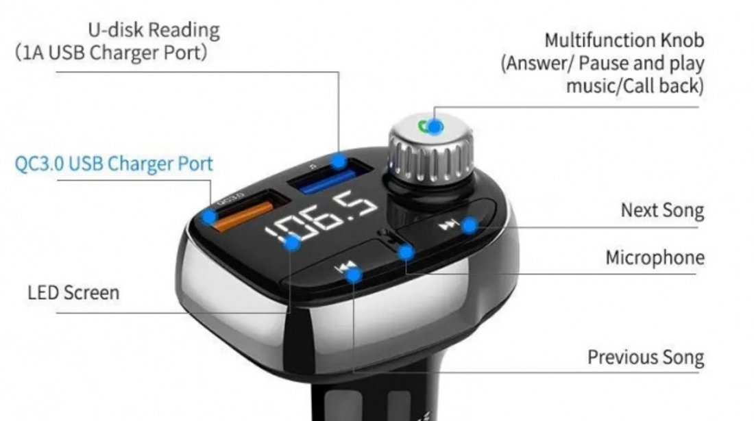 Modulator FM 12-24V Bluetooth 5.0 cu functie de incarcator auto Super Charge 3.0 - T61 166200