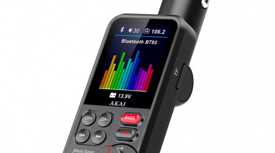 Modulator FM Bluetooth Akai Bluetooth, Usb, Micro SD Card Reader, Functie Incarcator Telefon, Microfon Incorporat, Egalizator FMT-93BT