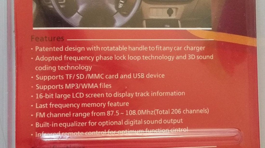 Modulator FM /MP3 cu Telecomanda, Ecran LCD, Slot SD/MMC