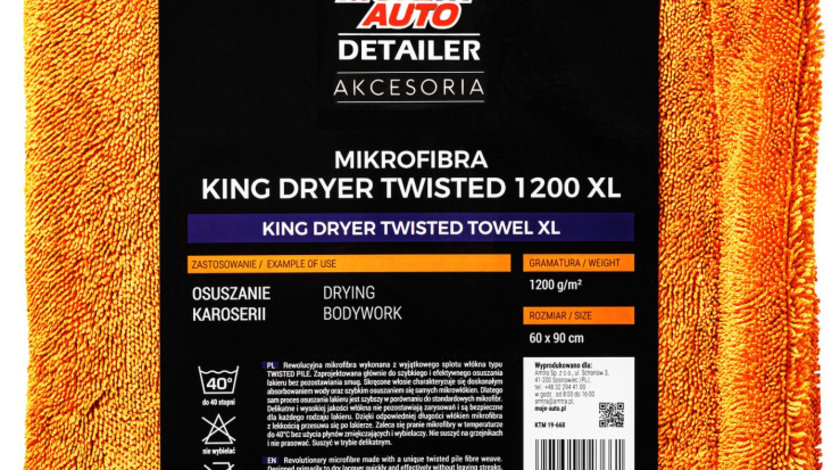 Moje Auto Detailer King Dry Twisted 1200 XL Laveta Prosop Uscare Auto 1200g/m2 60x90cm Portocaliu 19-668