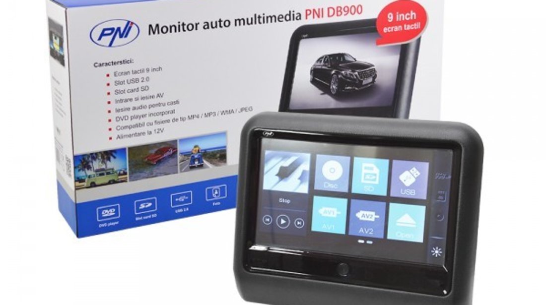 MONITOR AUTO TETIERA PNI DB900 HD NEGRU ECRAN 9'' TOUCHSCREEN DVD PLAYER SD USB