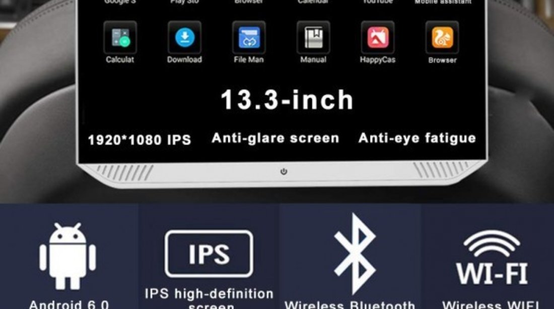 MONITOR TETIERA CU ANDROID EDT-TRAVEL13.3 VOLVO HDMI USB SD 1080P 4K INTERNET WIFI LOGO VOLVO