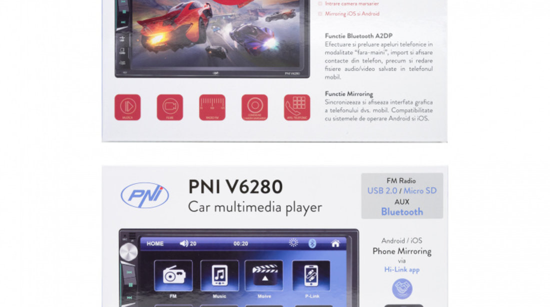 Multimedia player auto PNI V6280 cu touchscreen, functie Bluetooth, functie Mirror Link Android/iOS USB, slot micro SD, intrare AUX, 2 DIN, intrare camera marsarier PNI-V6280