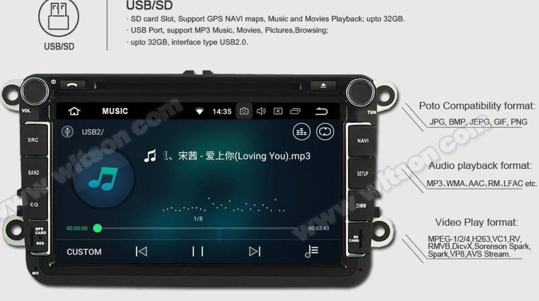 NAVIGATIE ANDROID 8.0 DEDICATA VW EOS WITSON W2-V7617 ECRAN 8'' CAPACITIV INTERNET 4G WIFI WAZE GPS